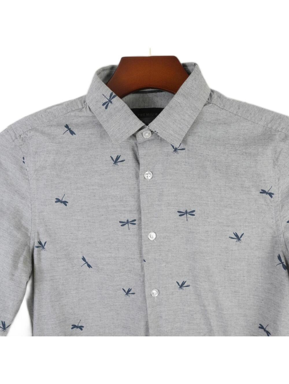 Threadbare Mens Cotton Button Up Heather Gray Dragonfly Dress Shirt Small
